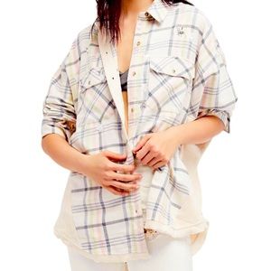 Free People Plaid Button Down Shirt - Cream and Gray